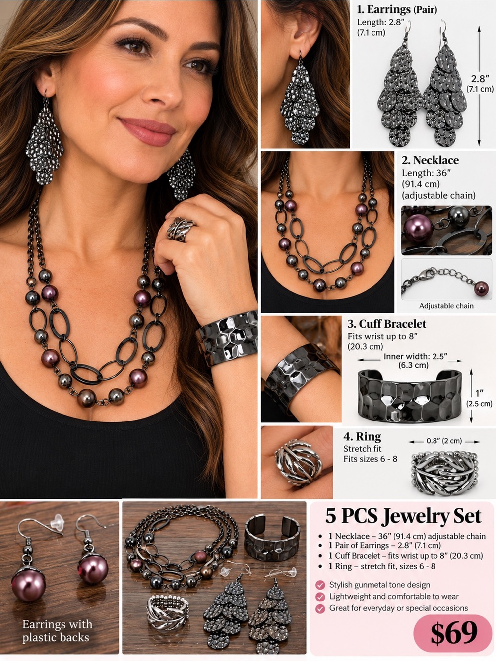 5PCS Gunmetal Statement Jewelry Set-1 Necklace 2-Earrings,1 Cuff Bracelet & Ring